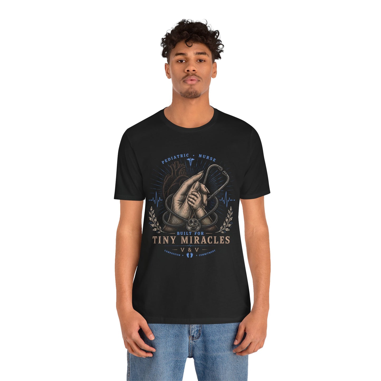 Built for Tiny Miracles | Pediatric Nurse Tee | Female Hand | Heart | Blue