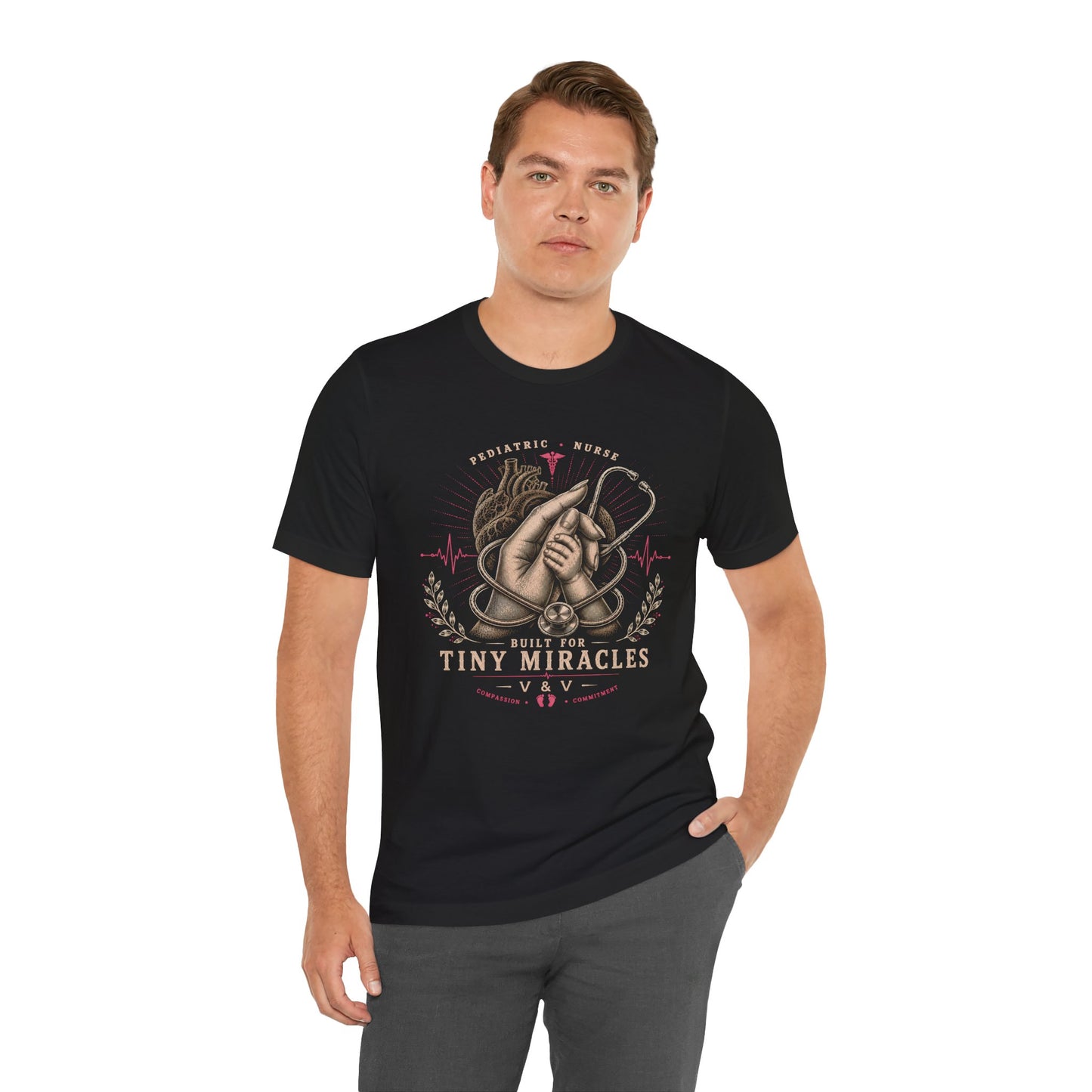 Built for Tiny Miracles | Pediatric Nurse Tee | Female Hand | Heart | Pink