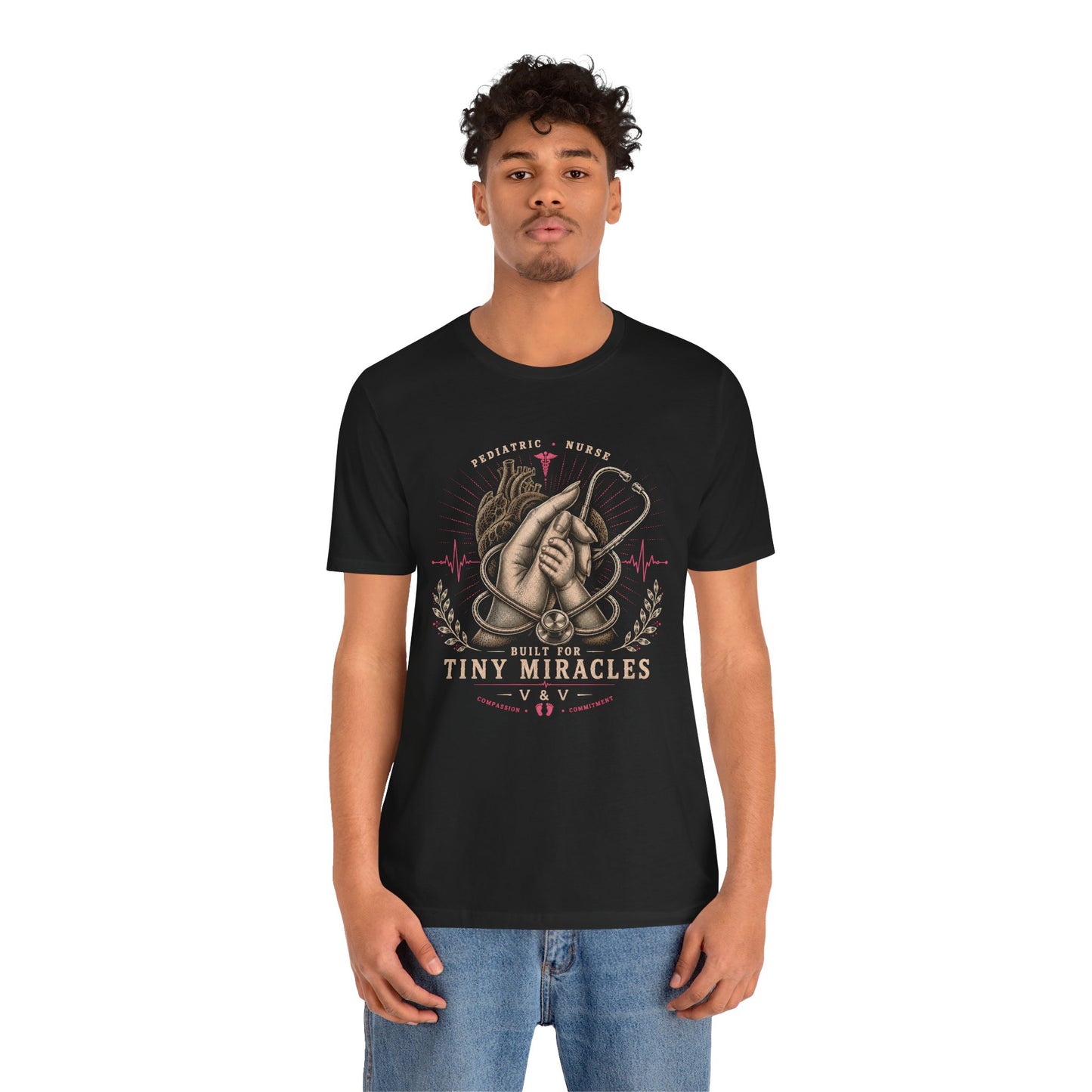 Built for Tiny Miracles | Pediatric Nurse Tee | Female Hand | Heart | Pink