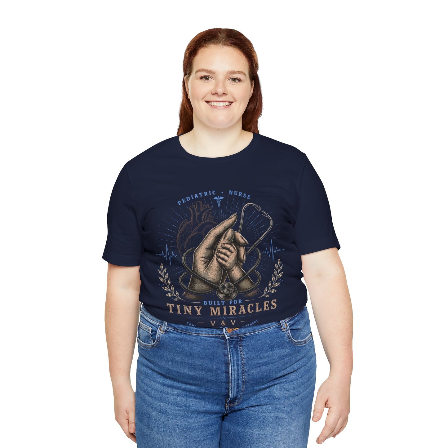 Built for Tiny Miracles | Pediatric Nurse Tee | Female Hand | Heart | Blue