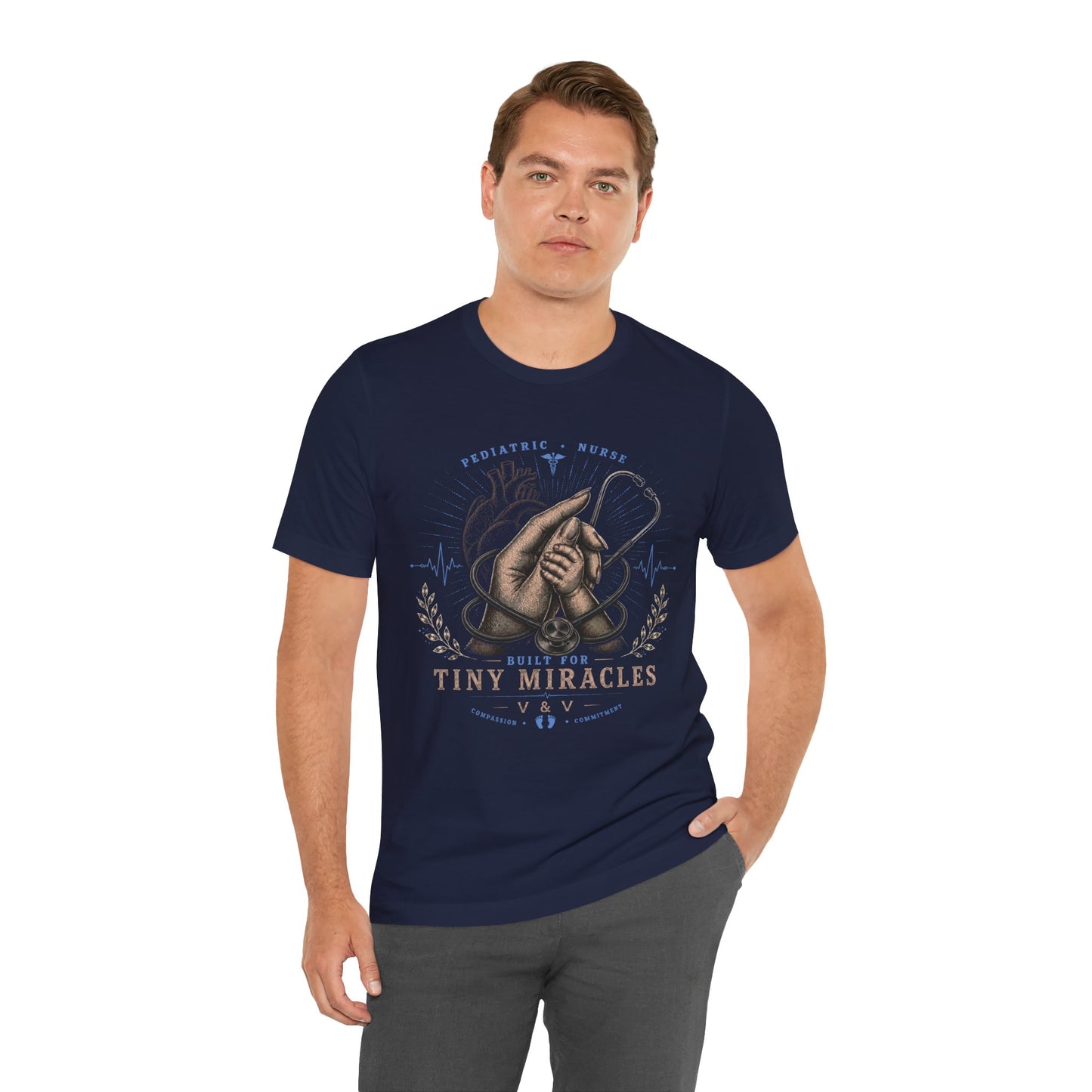 Built for Tiny Miracles | Pediatric Nurse Tee | Female Hand | Heart | Blue