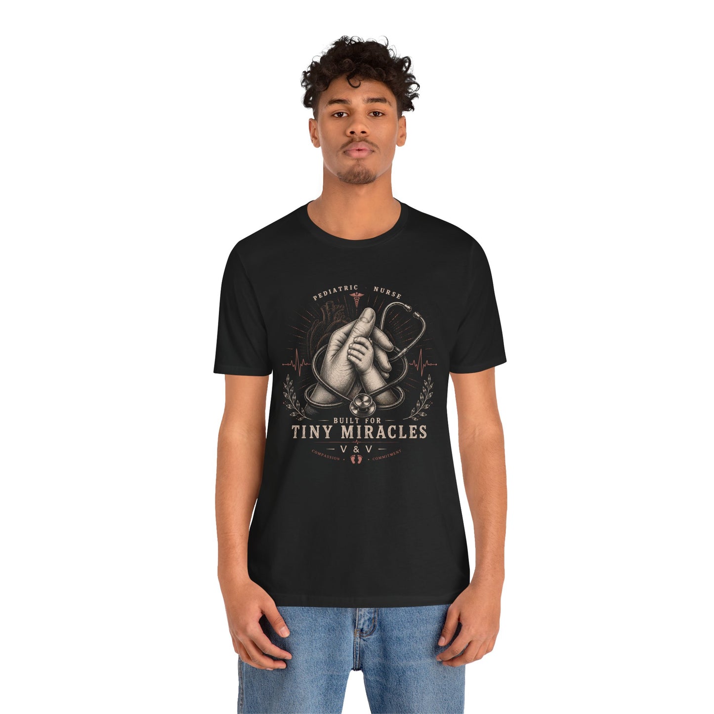 Pediatric Nurse T‑Shirt — "Built for Tiny Miracles" Baby Hands & Stethoscope Tee