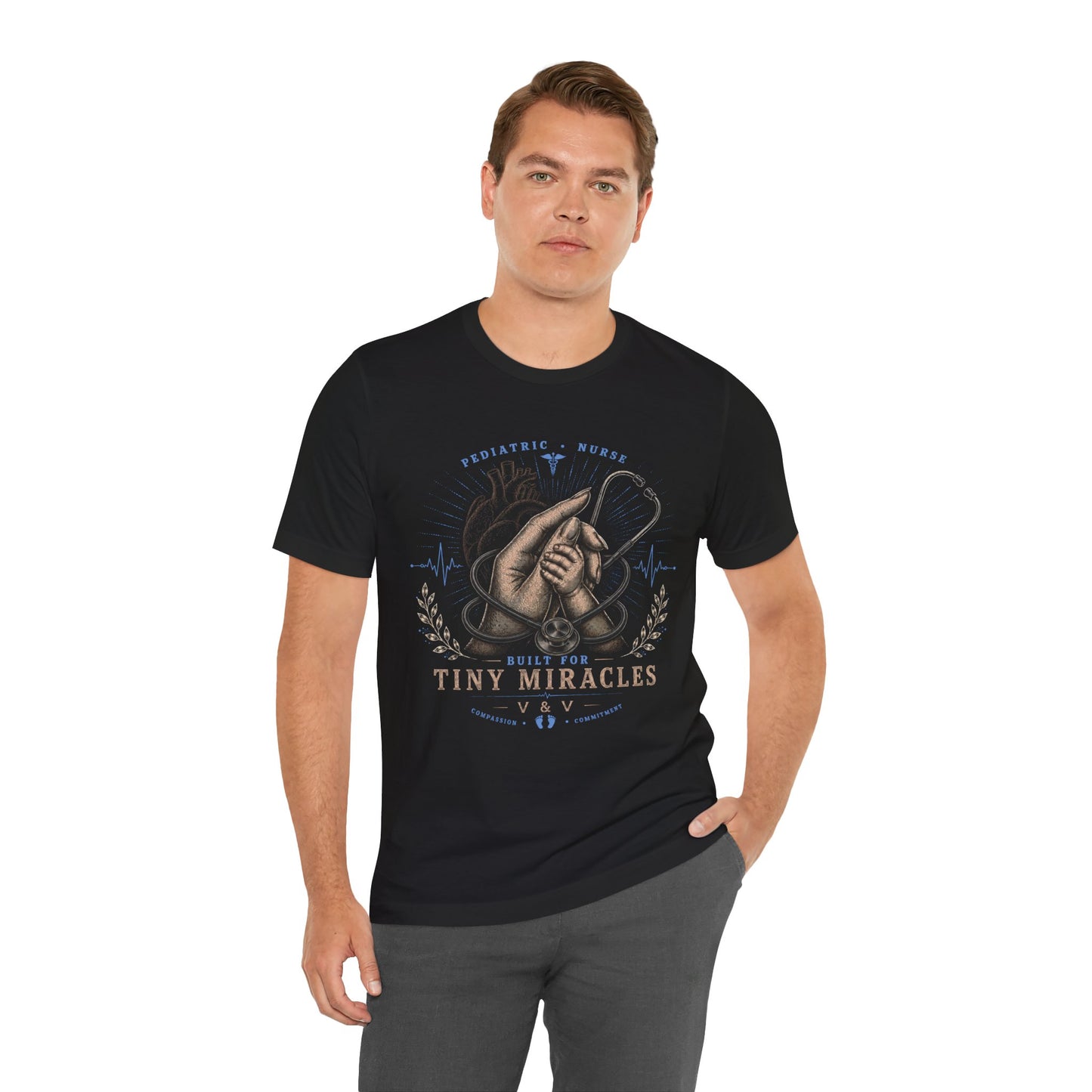 Built for Tiny Miracles | Pediatric Nurse Tee | Female Hand | Heart | Blue