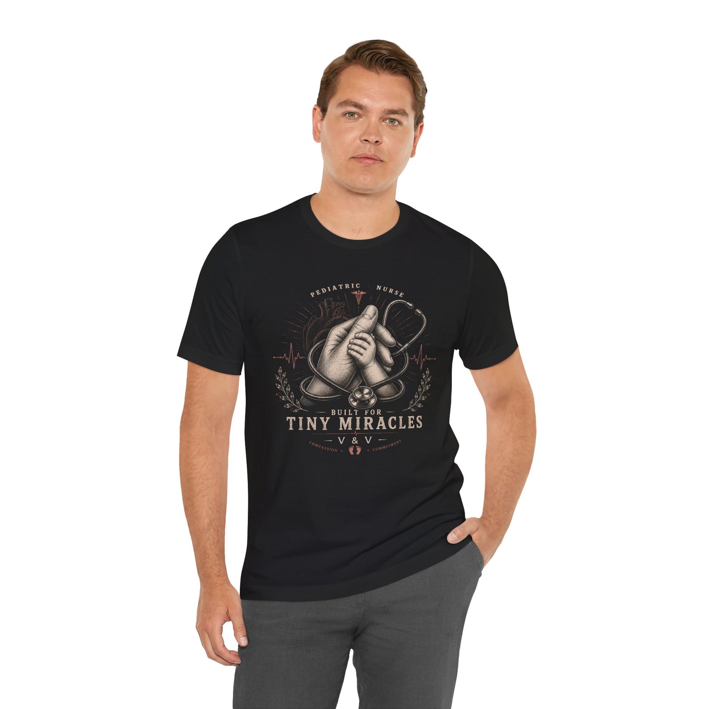 Pediatric Nurse T‑Shirt — "Built for Tiny Miracles" Baby Hands & Stethoscope Tee