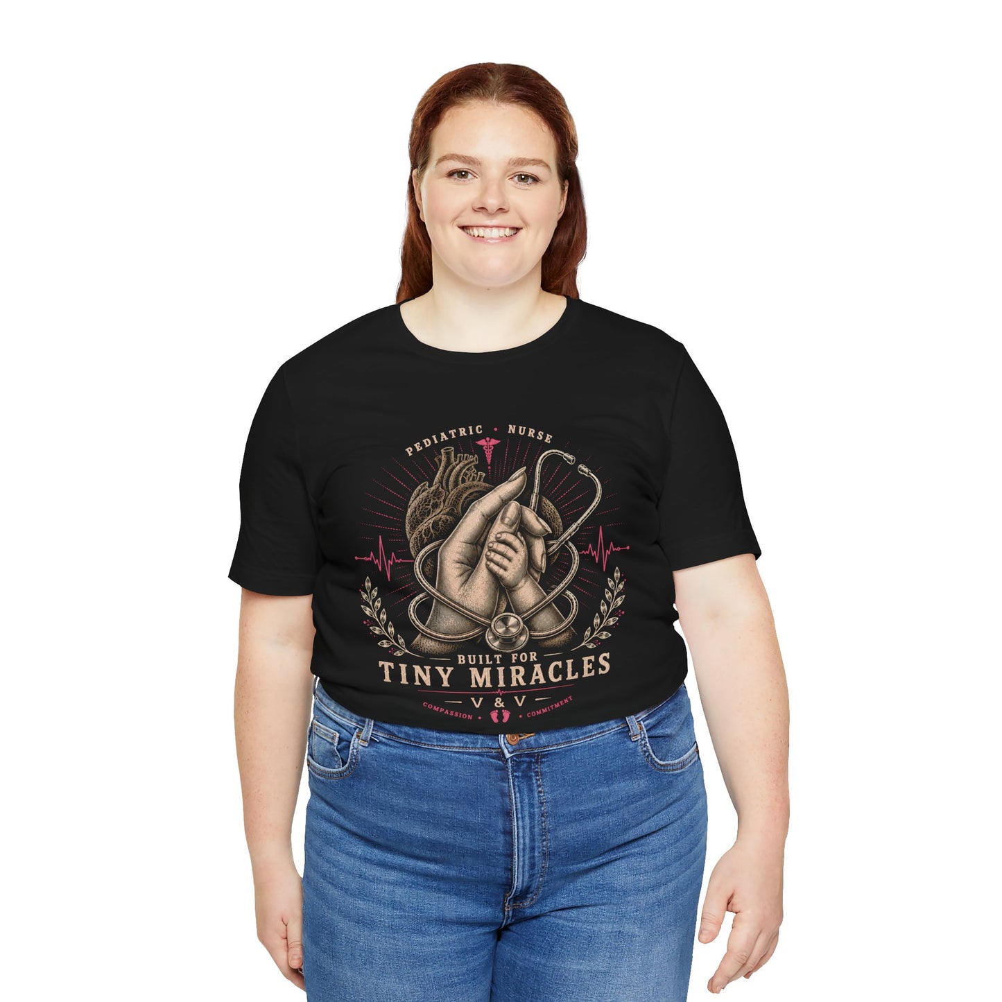 Built for Tiny Miracles | Pediatric Nurse Tee | Female Hand | Heart | Pink