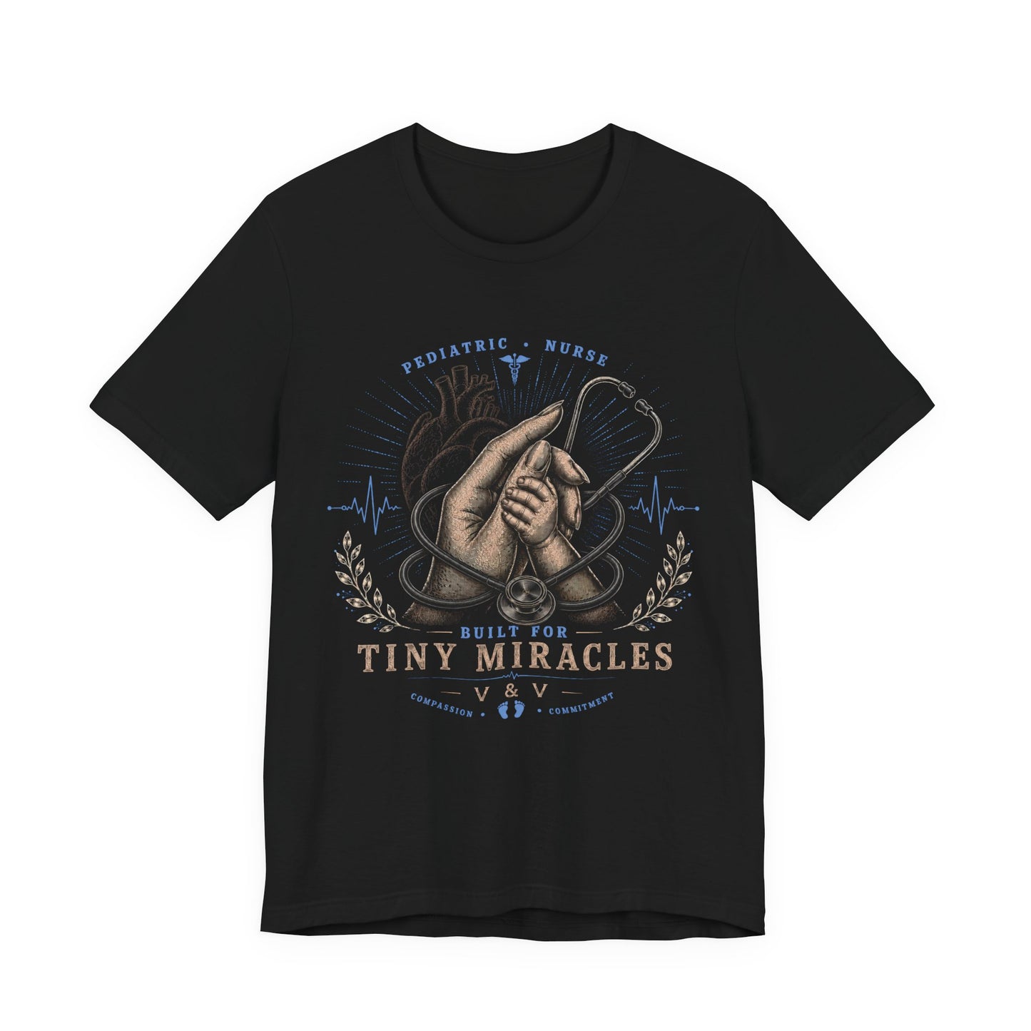 Built for Tiny Miracles | Pediatric Nurse Tee | Female Hand | Heart | Blue