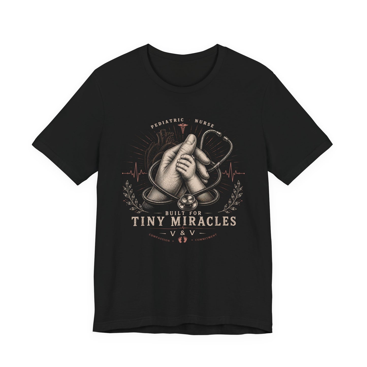 Pediatric Nurse T‑Shirt — "Built for Tiny Miracles" Baby Hands & Stethoscope Tee