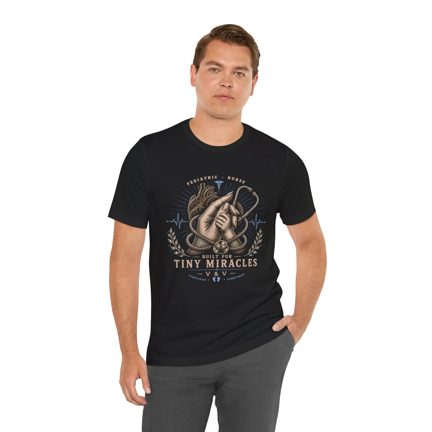 Built for Tiny Miracles | Pediatric Nurse Tee | Female Hand | Heart | Blue