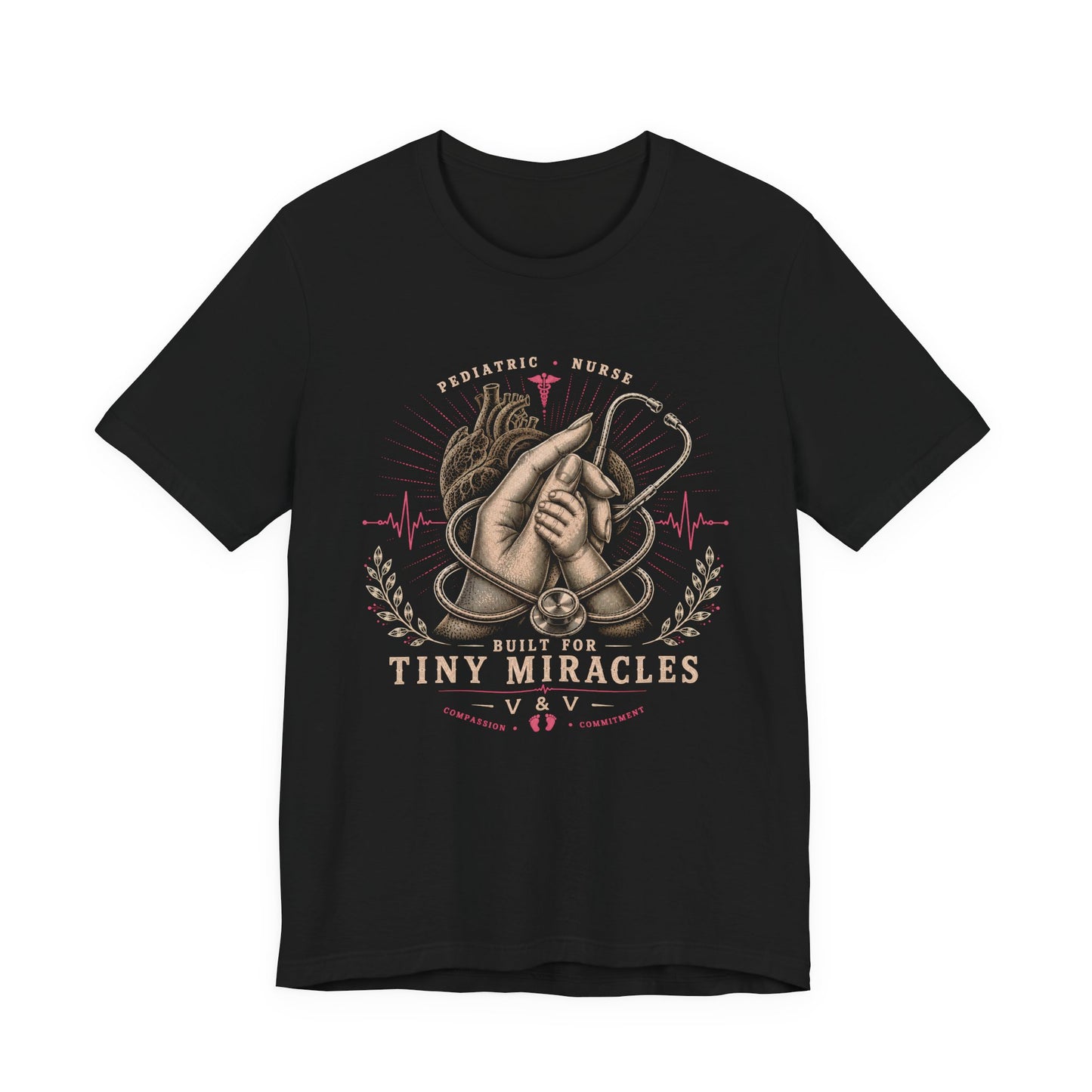 Built for Tiny Miracles | Pediatric Nurse Tee | Female Hand | Heart | Pink