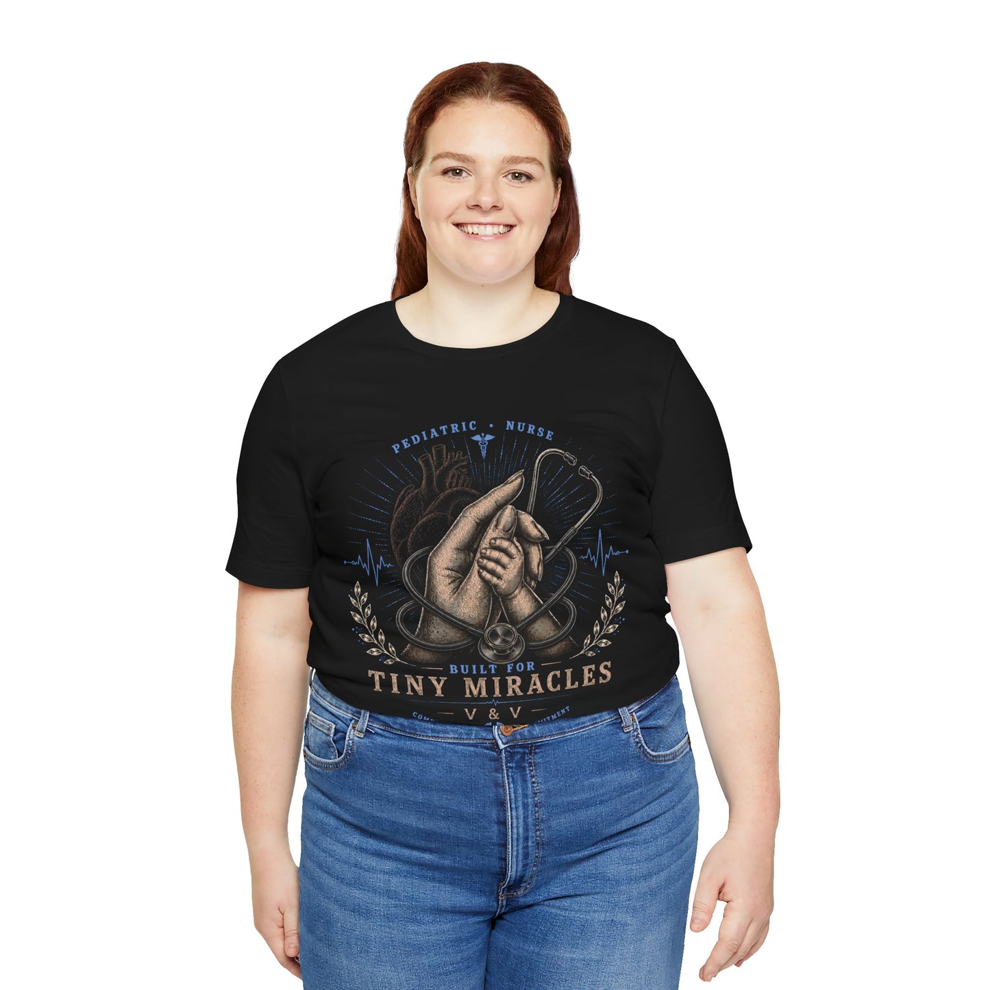 Built for Tiny Miracles | Pediatric Nurse Tee | Female Hand | Heart | Blue