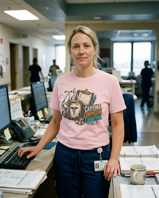 Caffeine. Compassion. Charting. Tee